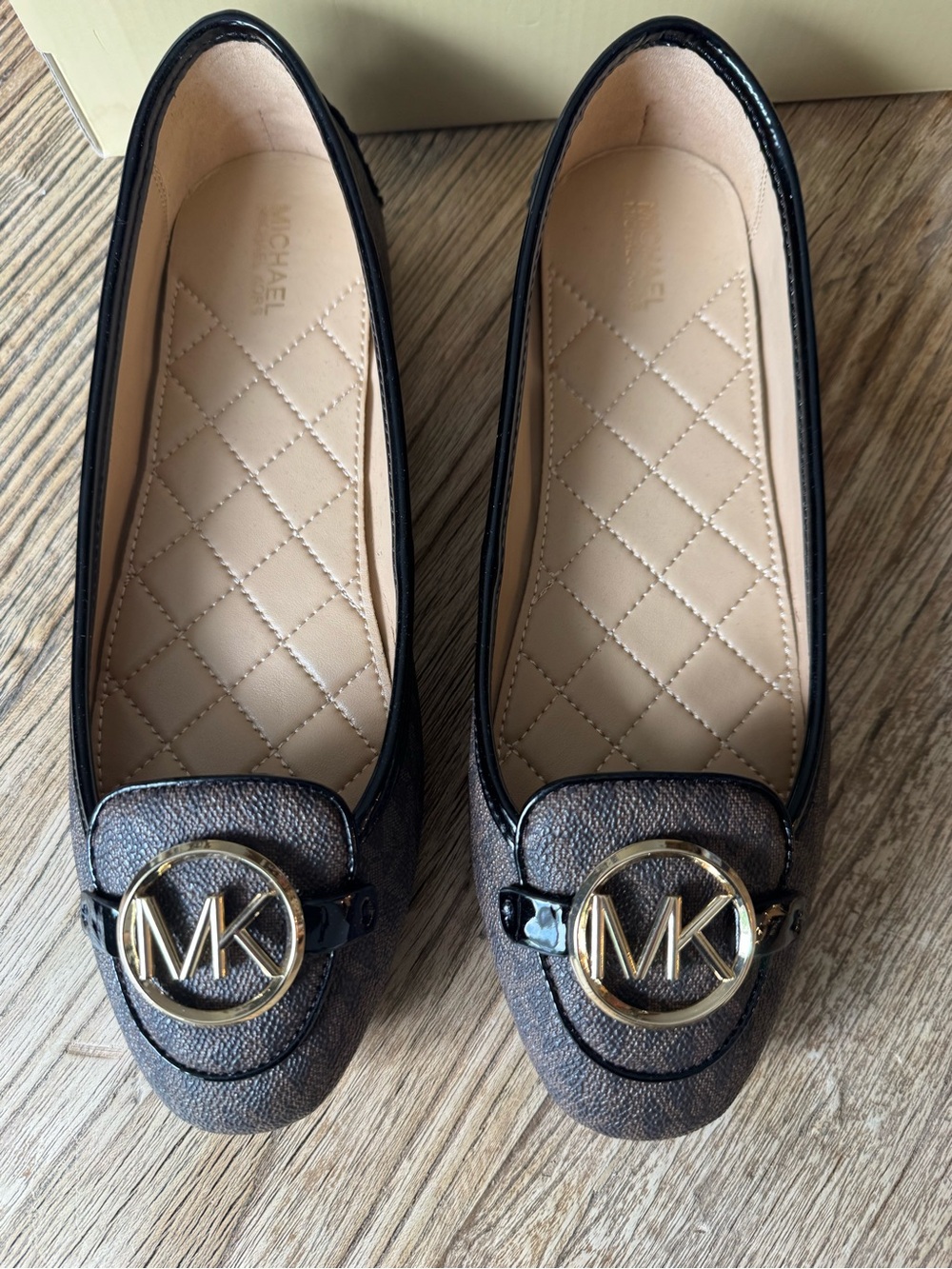 Michael Kors Lillie Brown/Black Logo Ballet Flats with Gold MK Medallion
